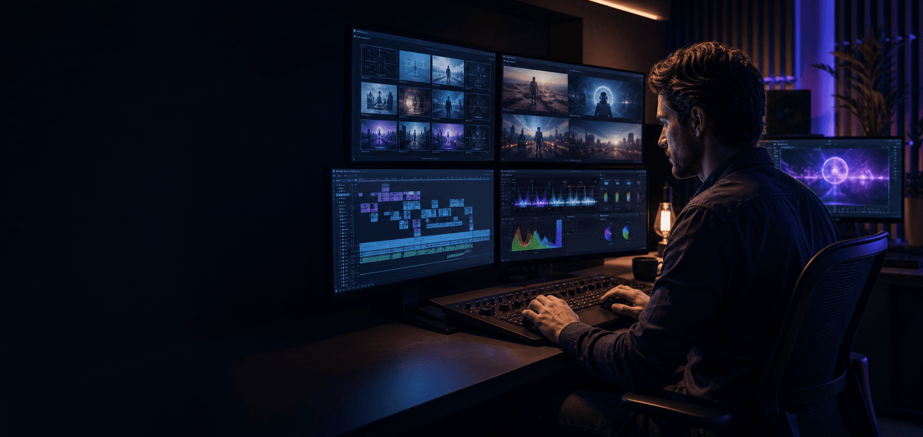 Creador trabajando en una pieza cinematográfica dentro de un estudio de edición