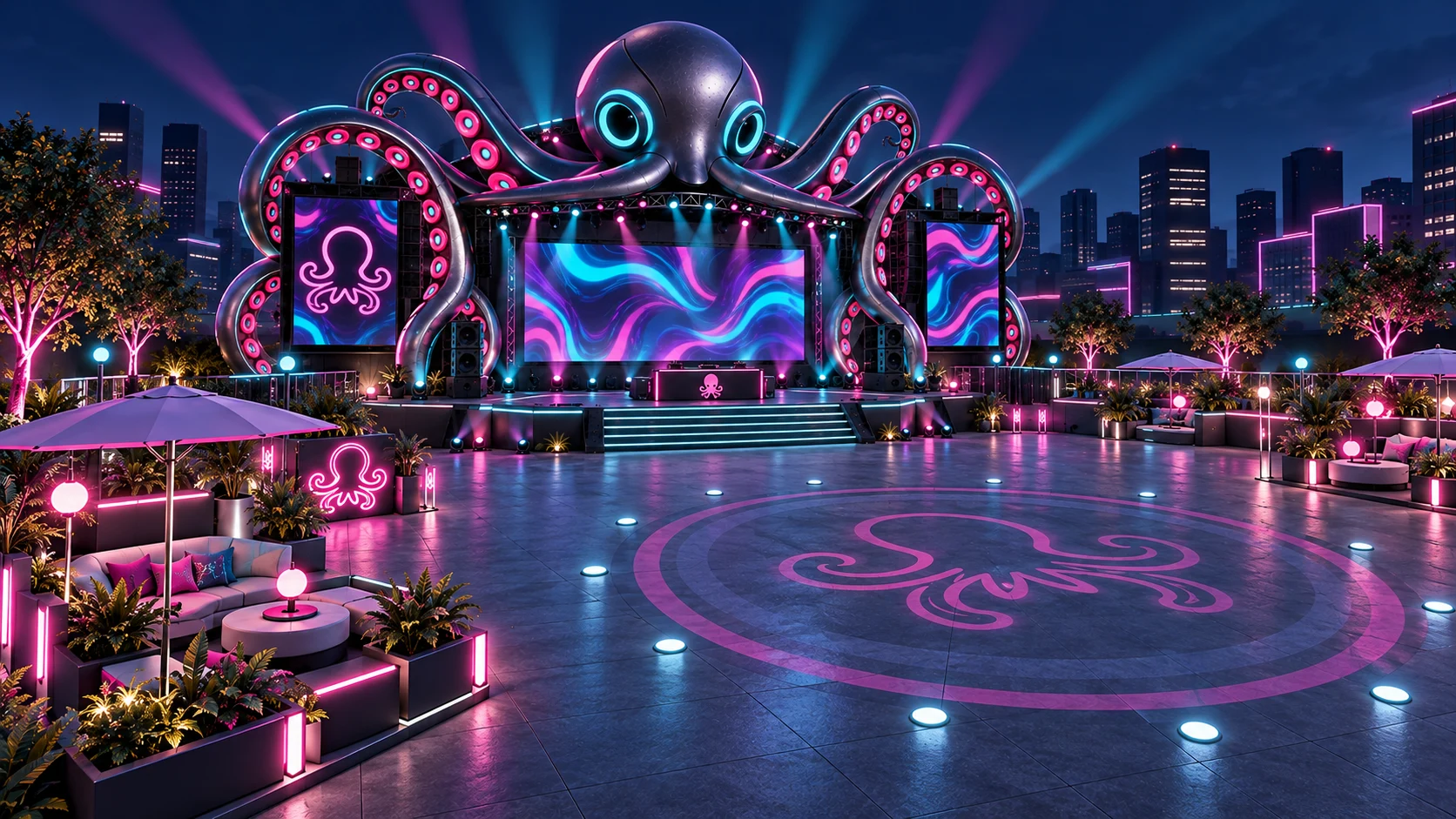 Escenario de Octopvs iluminado en azul y violeta