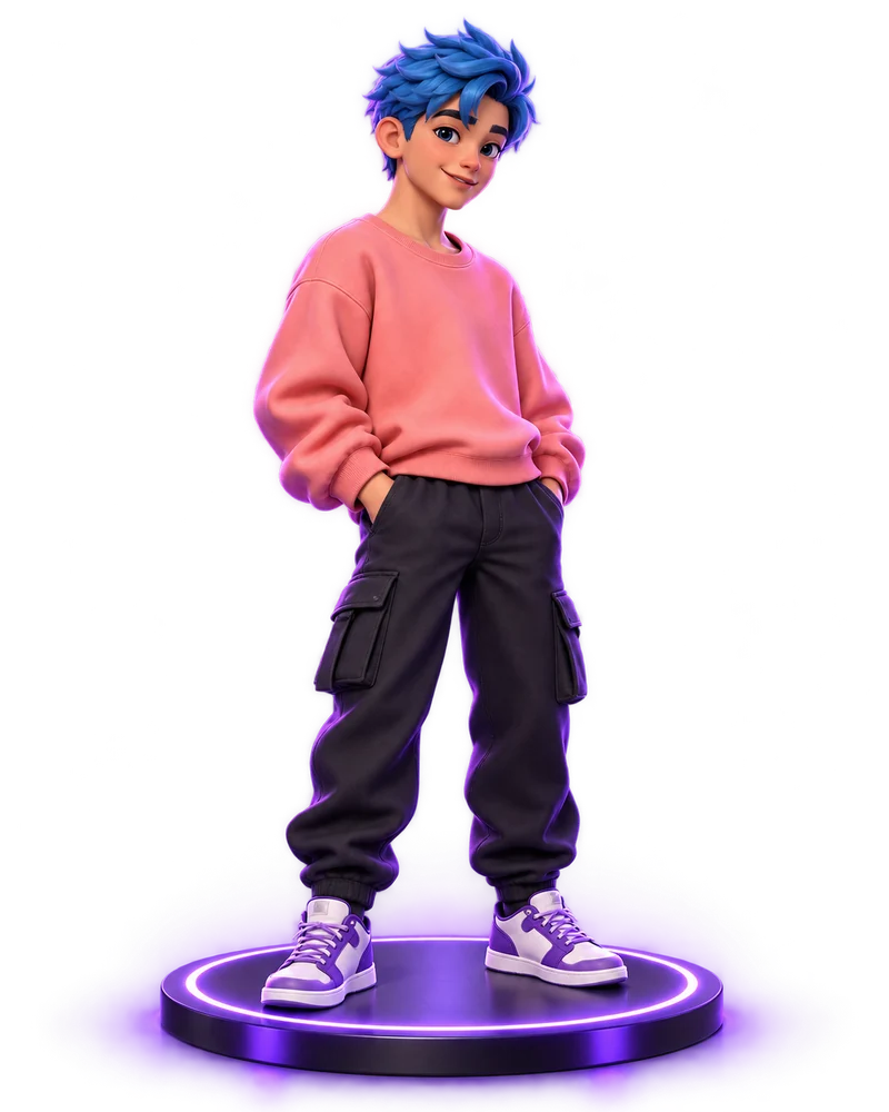 Avatar ilustrado con pelo azul, sudadera coral y zapatillas sobre una plataforma violeta