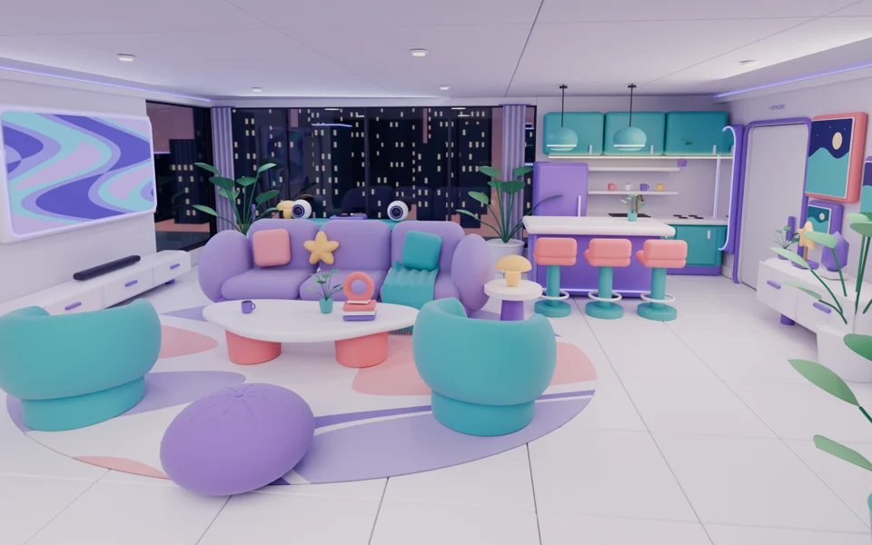 Salón 3D con muebles violetas y turquesas, barra y cocina