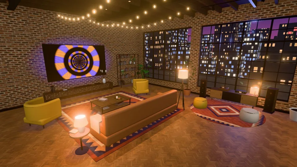 Salón del Loft urbano con paredes de ladrillo, guirnaldas de luces, una tele grande y ventanales a la ciudad de noche